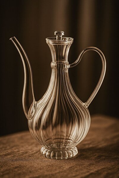 Reoona Borosilikat Cam Glorry Yağlık ve Sirkelik 2'li Set 700 ml +700 ml Bambu Standlı Çizgili Tasarım