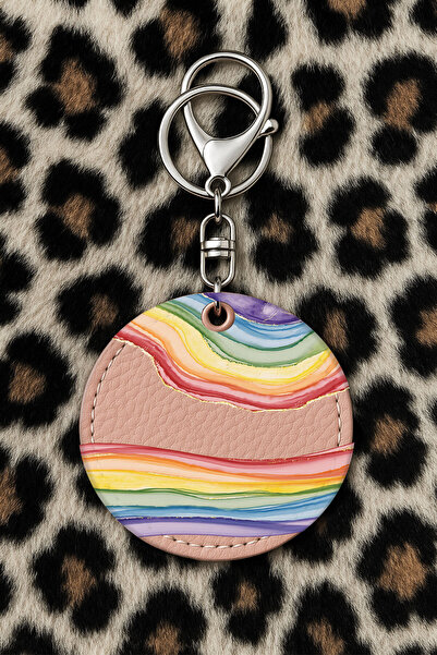 Cekuonline سلسلة مفاتيح جلدية قابلة للتجميع مع نقش مطبوع بتصميم مرح ونمط وردي فاتح: قوس قزح والأميثيست
