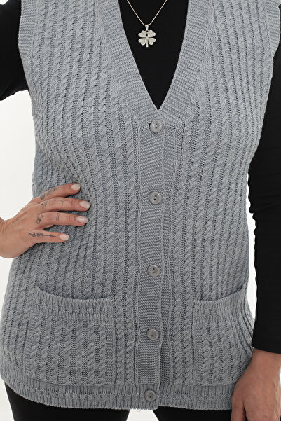 İKSUN Women's V-Neck Winter Thick Woolen Hair Knit Model Knitwear Button Mother Vest with Pockets