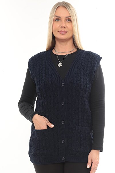 İKSUN Women's V-Neck Winter Thick Wool Chain Modeled Knitwear Buttoned Pocket Mother Vest