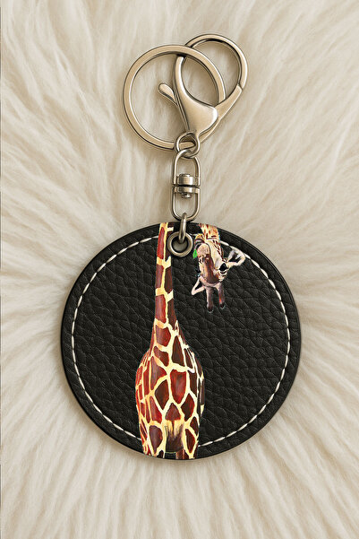 Cekuonline سلسلة مفاتيح جلدية للجنسين مطبوعة بتصميم مرحة مع خطاف باللون الأسود: زرافة