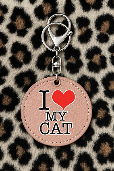 Cekuonline سلسلة مفاتيح جلدية قابلة للتجميع مع نقش مطبوع بتصميم مرح ولون وردي فاتح: أنا أحب قطتي
