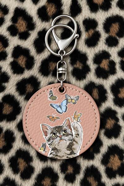 Cekuonline سلسلة مفاتيح جلدية قابلة للتجميع مع نقش مطبوع بتصميم مرح، نمط وردي فاتح: لعبة القطط