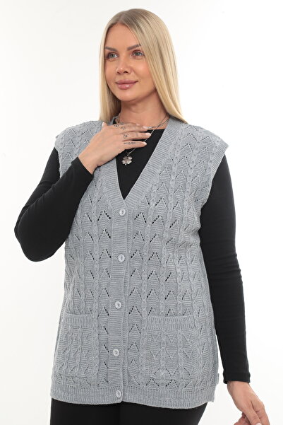 İKSUN Women's V-Neck Winter Thick Wool Chain Modeled Knitwear Buttoned Pocket Mother Vest