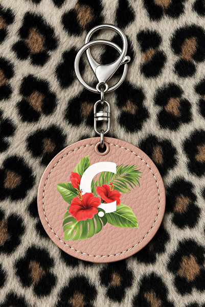 Cekuonline سلسلة مفاتيح جلدية قابلة للتجميع مع نقش مطبوع بتصميم مرح، نمط وردي فاتح: حرف C نباتي