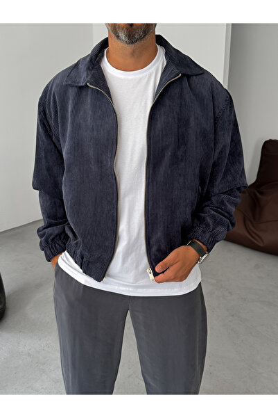BYBASICMAN Lacivert Mevsimlik Kadife Bomber Ceket TW-7011