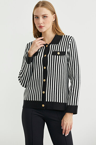 Sementa Striped Collar Knitwear Jacket - Black