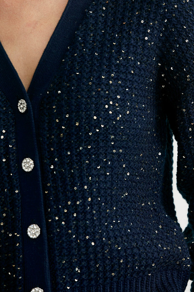 Sementa Payet Detaylı Yünlü Triko Hırka - Lacivert