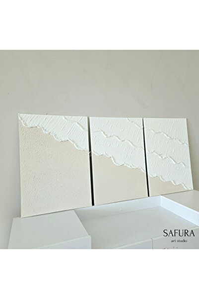 Safura Art Studio Dokulu Tablo – El Yapımı 3 Boyutlu Alçı Minimalist Doku, Soyut Modern Kabartma (Dalga No:2 - Üçlü)