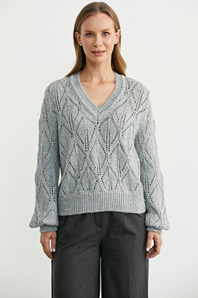 Sementa Delikli V Yaka Pullu Triko Kazak - Gri