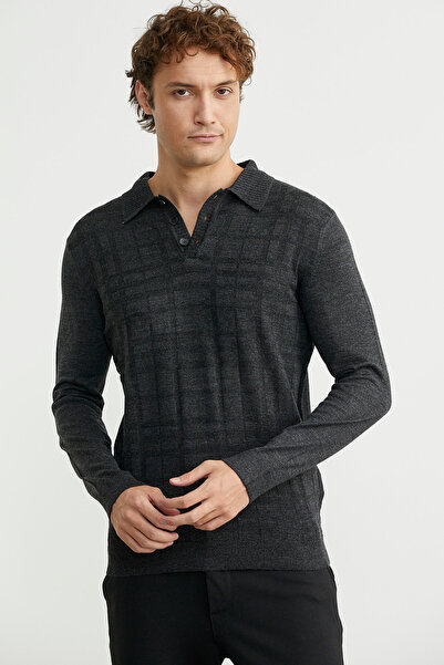Sementa Polo Neck Plaid Patterned Knit Sweater - Anthracite