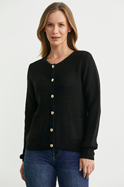 Sementa Dore Düğme Detaylı Yünlü Triko Hıırka - Siyah