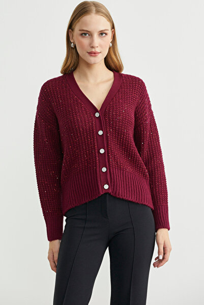 Sementa Sequin Detailed Wool Knitwear Cardigan - Burgundy