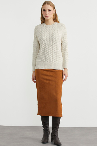 Sementa Saç Örgü Motifli Yuvarlak Yaka Triko Kazak - Taş