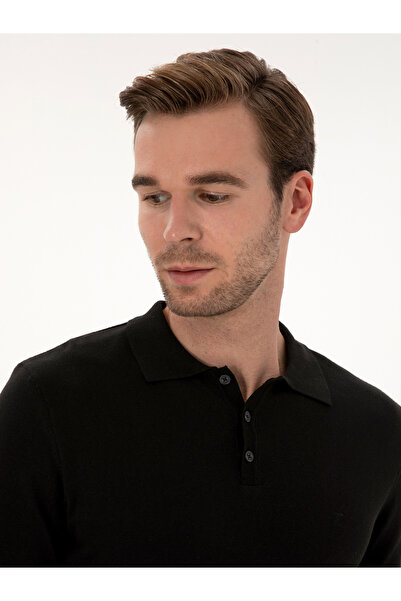 Cacharel Siyah Regular Fit Pamuk Karışımlı Polo Yaka Basic Triko Kazak 50318673-VR046