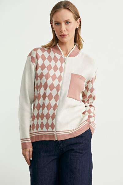 Sementa Zippered Diamond Motif Knitwear Cardigan - Rose