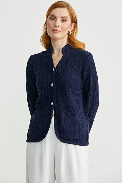 Sementa Hakim Wool Knitwear Jacket with Collar Pockets - Navy Blue