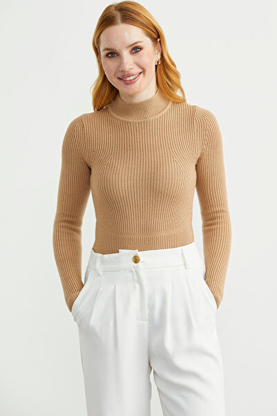 Sementa Half Fisherman Ribbed Bodysuit Knitwear Sweater - Camel