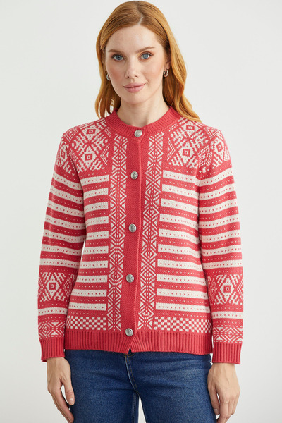 Sementa Striped Wool Knit Cardigan with Metal Buttons - Coral