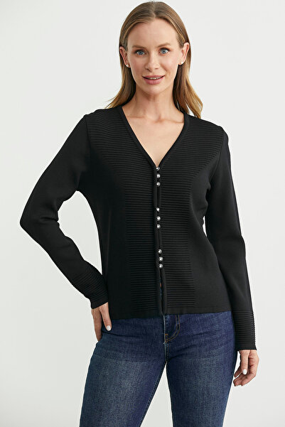 Sementa Düğme Kapamalı V Yaka Triko Hırka - Siyah