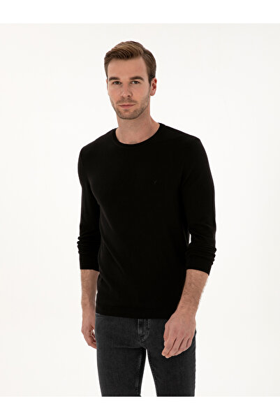 Cacharel Siyah Slim Fit Pamuk Karışımlı Bisiklet Yaka Basic Triko Kazak 50318620-VR046