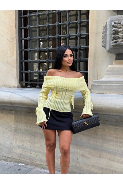 Friday Mood Women's Spanish Sleeve Madonna Collar Lace Detailed Knitwear Sweater