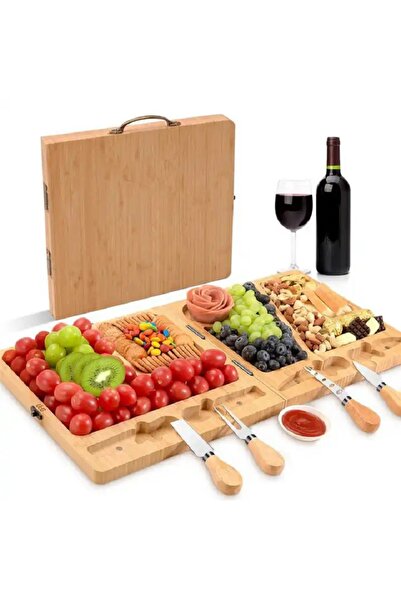 OEM Platou Premium din Bambus pentru Branzeturi – Set cu 4 Ustensile din Inox, Ideal pentru Petreceri