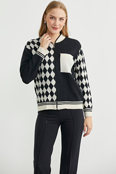 Sementa Zippered Diamond Motif Knitwear Cardigan - Stone