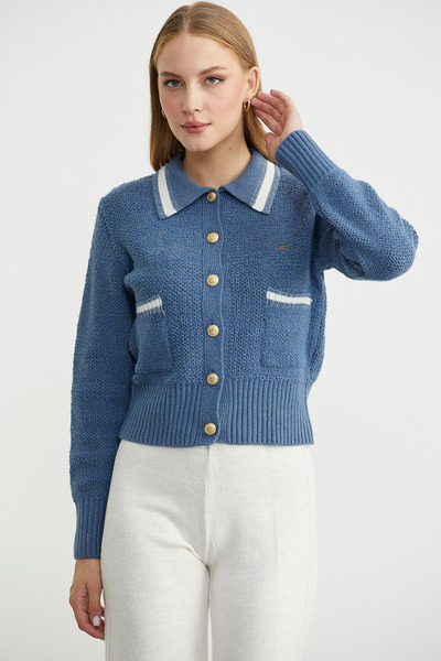 Sementa Cardigan tricotat cu nasturi cu guler polo - Indigo
