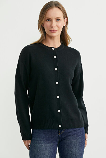 Sementa Düğme Detaylı Sıfır Yaka Triko Hırka - Siyah