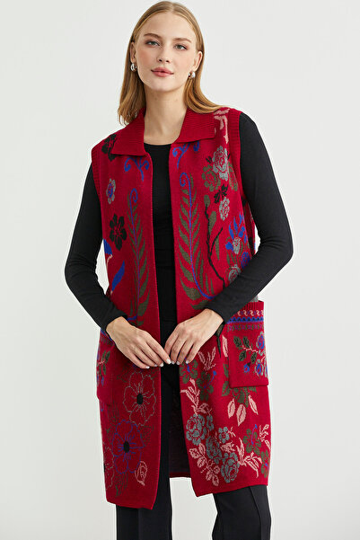 Sementa Кольоровий вовняний довгий трикотажний жилет з квітковим мотивом - червоний