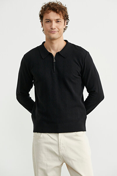 Sementa Zippered Polo Neck Knit Sweater - Black
