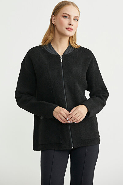 Sementa Wool Knit Jacket with Zipper Pocket Detail - Black