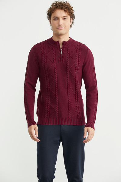 Sementa Half Zipper Stand Collar Knit Sweater - Burgundy