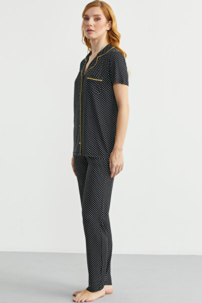 Sementa Buttoned Polka Dot Patterned Shirt Pajama Set - Black