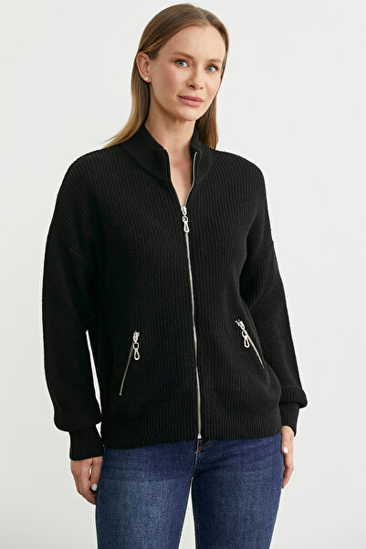 Sementa Μάλλινη ζακέτα με φερμουάρ με ψηλό γιακά - Μαύρη