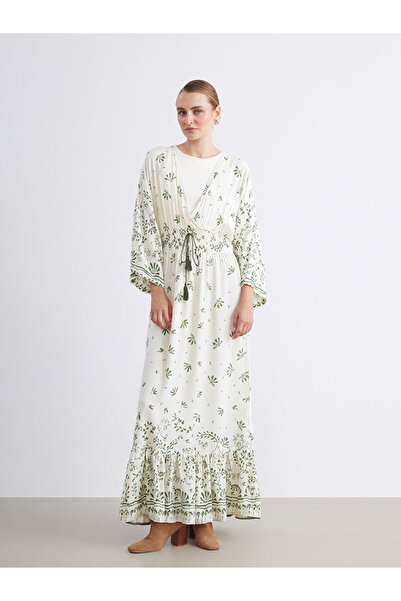 LC Waikiki Lcw Modest Blue Double Breasted Neckline Floral Shirred Dress