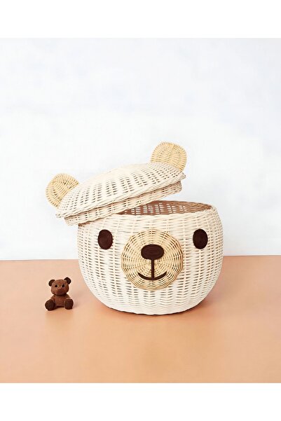 Felis Arte Natural Bamboo Teddy Bear Basket / Storage Box (Large Size) Handmade, Rattan, with Lid, Cream Color