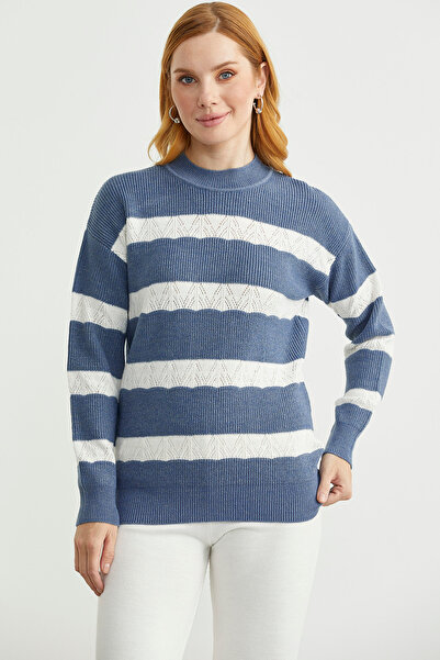 Sementa Pulover tricotat cu dungi cu guler înalt - Indigo