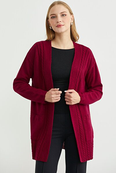 Sementa Büyük Beden Cepli Uzun Triko Hırka - Bordo