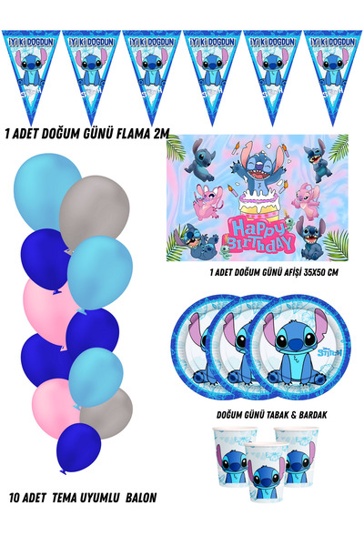 HAPPYLOOPPARTY STitcH Stiç & Angel 8 Kişilik Doğum Günü Parti Malzemeleri Süs...