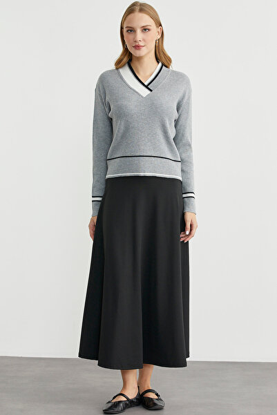 Sementa Blok Renk Kombinli Triko Kazak - Gri