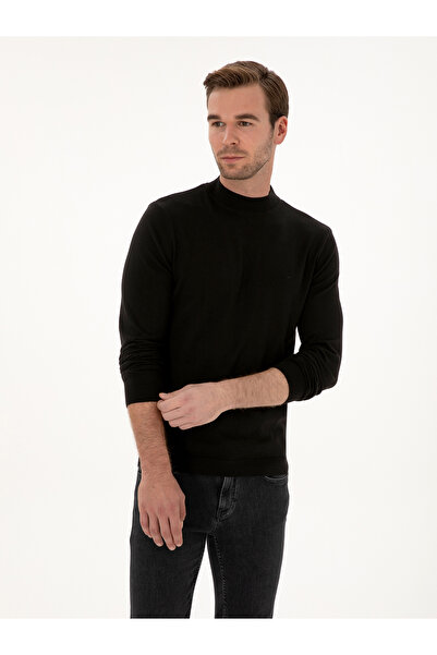 Cacharel Siyah Slim Fit Pamuk Karışımlı Çeyrek Balıkçı Yaka Basic Triko Kazak 50318704-VR046