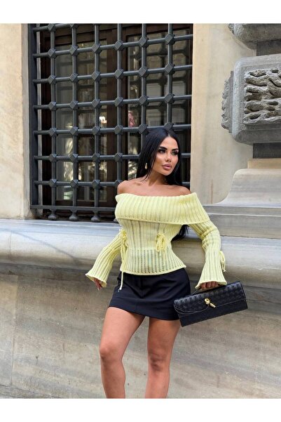 Friday Mood Women's Spanish Sleeve Madonna Collar Lace Detailed Knitwear Sweater