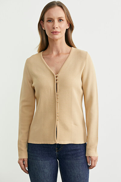 Sementa Düğme Kapamalı V Yaka Triko Hırka - Bej