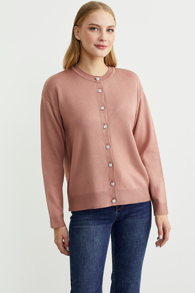 Sementa Düğme Detaylı Sıfır Yaka Triko Hırka - Koyu Gül