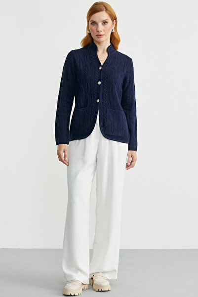 Sementa Hakim Wool Knitwear Jacket with Collar Pockets - Navy Blue