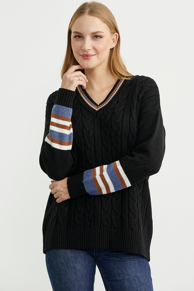 Sementa V Yaka Saç Örgülü Triko Kazak - Siyah