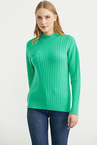 Sementa Pulover tricotat cu guler înalt și detaliu buzunar - verde