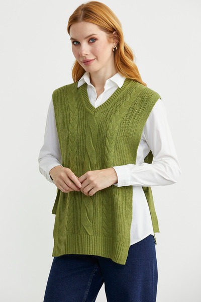 Sementa Wool Knit Sweater with Side Tie Detail - Green